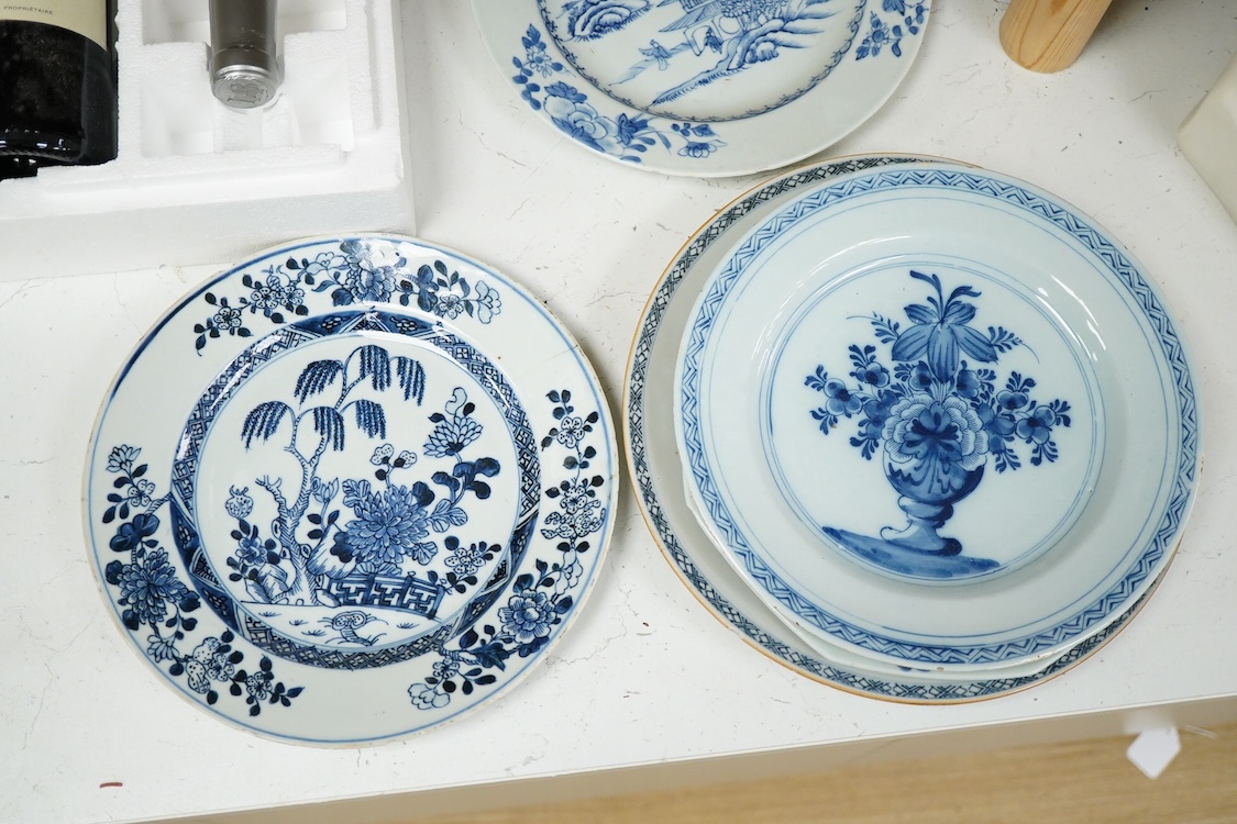 Four 18th century Chinese export blue and white dishes, four tea bowls and a Delft dish